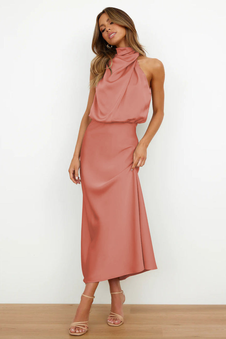 Carlina | Long Satin Dress with Halterneck