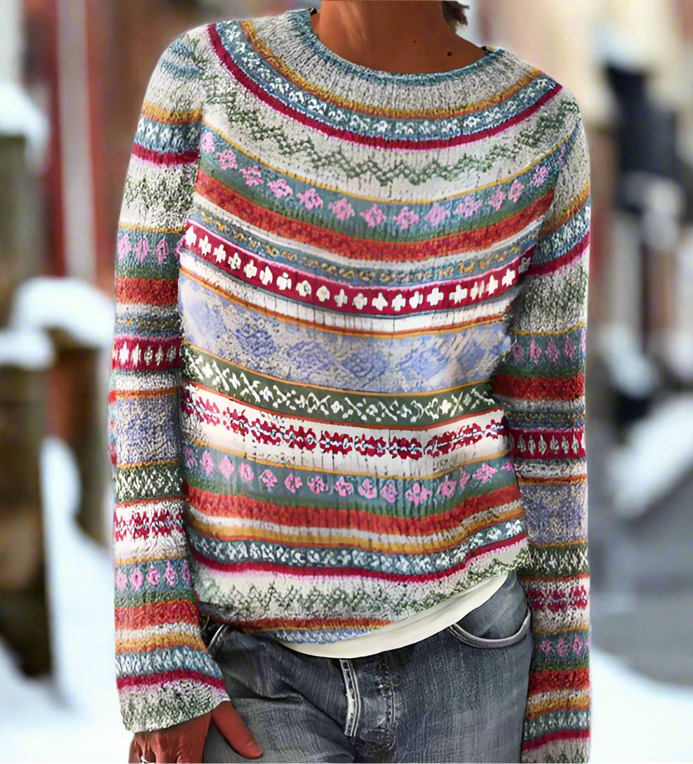 Women's Knit Sweater - Patterned Design - Long-Sleeved - Relaxed Fit